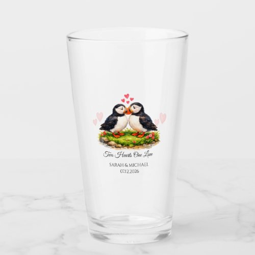 Custom Two Hearts One Love Puffins Wedding Glass