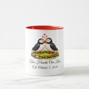 Custom Two Hearts One Love Puffins Wedding  Mug