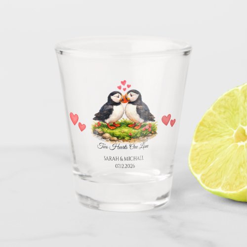 Custom Two Hearts One Love Puffins Wedding  Shot Glass