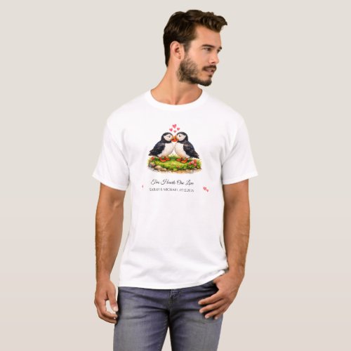 Custom Two Hearts One Love Puffins Wedding T-Shirt