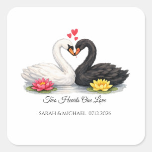 Custom Two Hearts One Love Swans Square Invitation Sticker