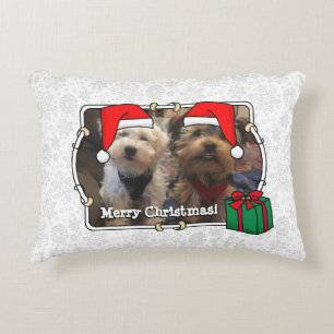 Custom Two Photo Christmas Santa Hat Pet HO HO HO Accent Pillow