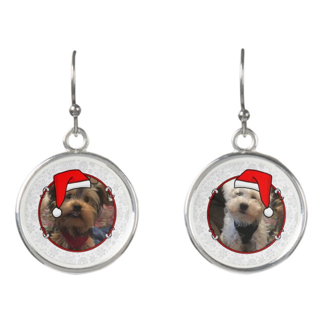Custom Two Photo Christmas Santa Hat Pet HO HO HO Earrings (Front)
