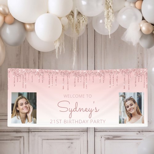 Custom Two Photo Pink Glitter Drip 21st Birthday Banner