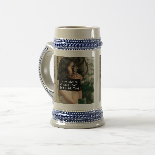Custom Two Photos Artwork Slogan Gray Blue Beer Stein (Front Left)