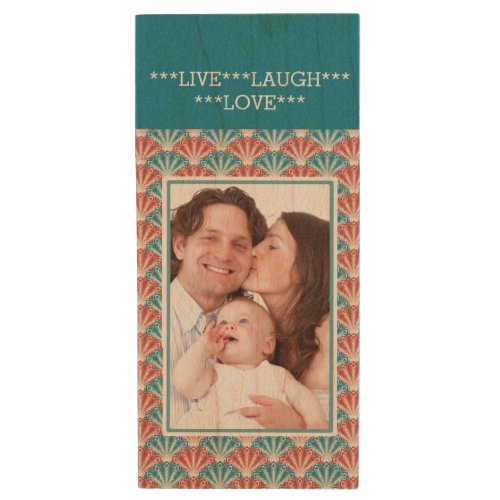 Custom Two Portrait Photos with Decorative Pattern Wood Flash Drive