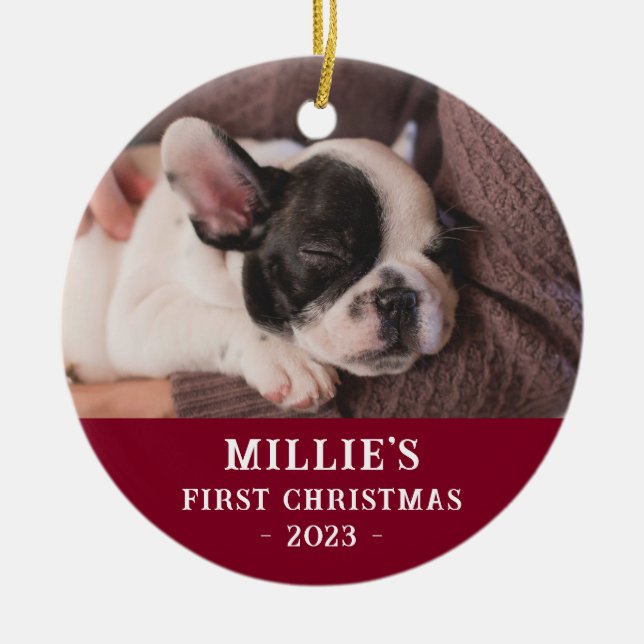 Custom Two Sided Blue First Christmas Puppy Photo Ceramic Ornament (Front)