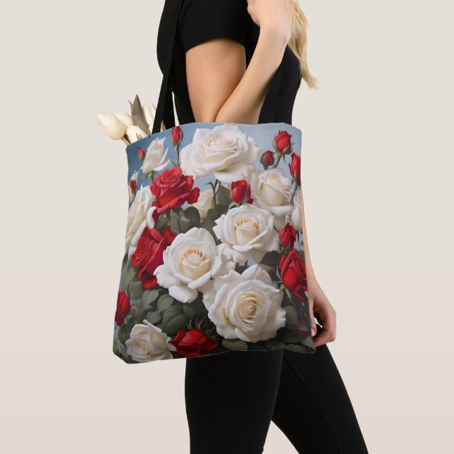 Custom Two-Sided Red & White Rose Floral Tote Bag (Close Up)