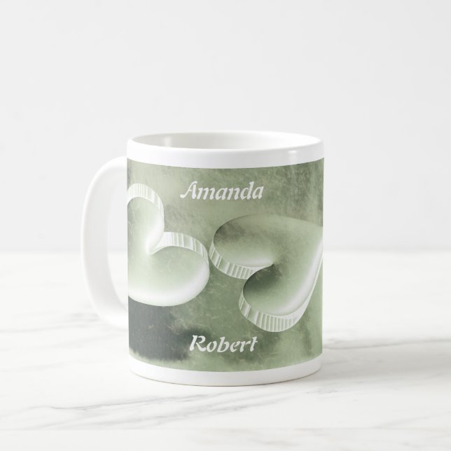 Custom two silver green hearts with names Cup (Front Left)