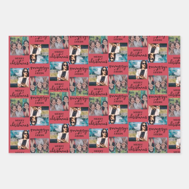 Custom Two Square Photo Christmas Red Green  Wrapping Paper Sheets (Front)