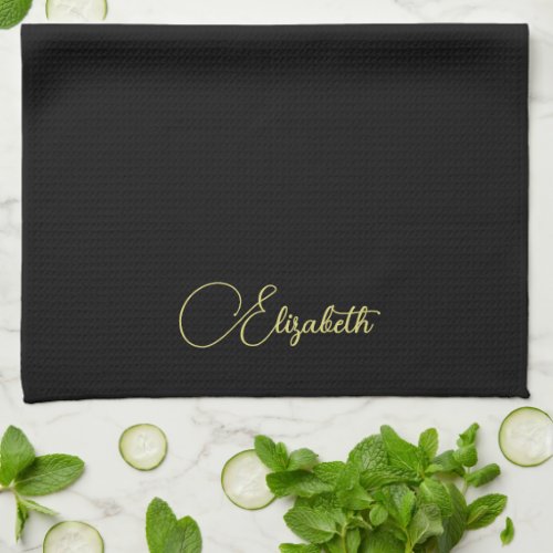Custom Typography Faux Gold Name Template Black Kitchen Towel