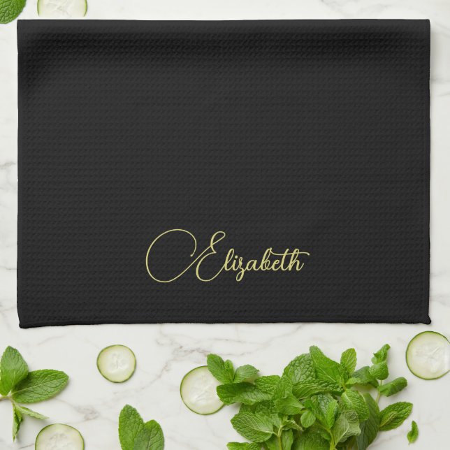 Custom Typography Faux Gold Name Template Black Kitchen Towel (Folded)