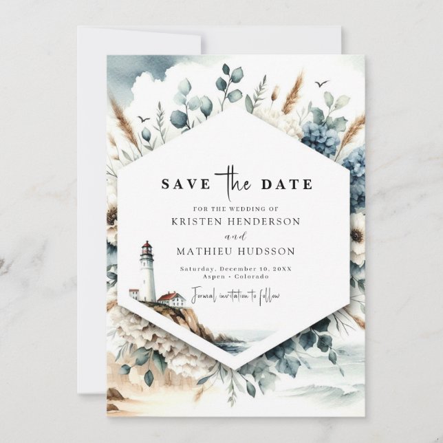 Custom Typography Lighthouse Wedding Save The Date (Front)