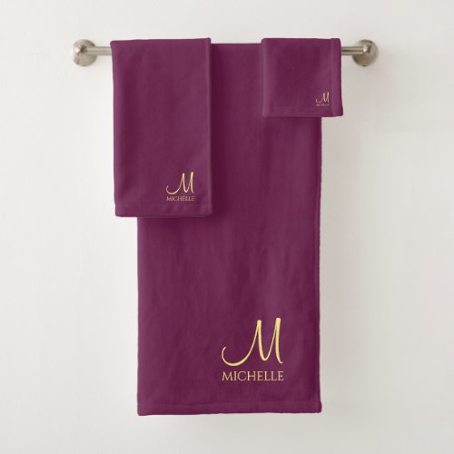 Custom Typography Monogram Name Bordeaux  Gold Bath Towel Set