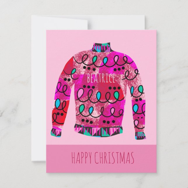 Custom Ugly Christmas Sweater Pink Holiday Card (Front)