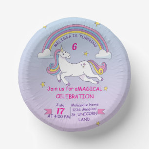 Custom Unicorn Birthday Cake Plate–7" Personalized Paper Bowls
