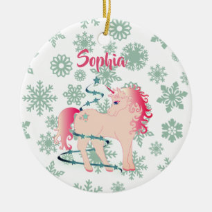 Custom Unicorn Cute Girl Christmas Believe Ceramic Ornament