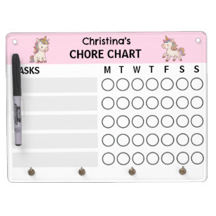 Custom Unicorn Kids Weekly Girl's Chore Chart  Dry Erase Board With Keychain Holder