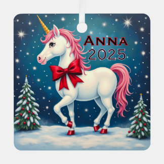 Custom Unicorn Red Bow Metal Ornament