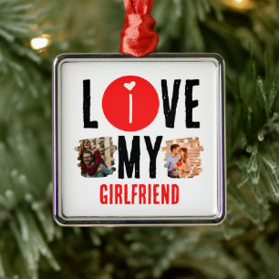 Custom Unique 2 photo Collage I Love My Girlfriend Metal Ornament
