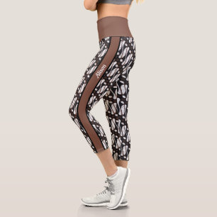 Custom Unique Brown Black White Java Ethnic Batik Capri Leggings