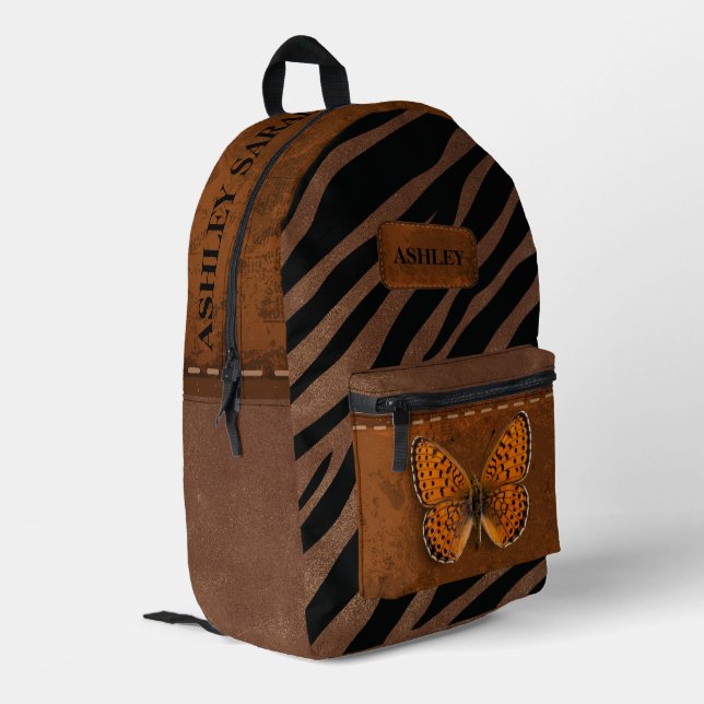 Custom unique cute Zebra and butterfly Leather Printed Backpack (Back Corner Left)