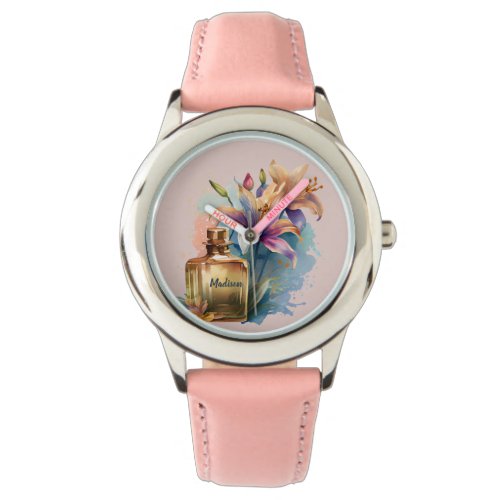 Custom Unique Floral Perfume Bottle Pink Watch