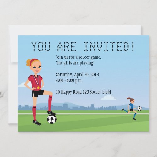 Girl's Soccer Game Invitation with Illustration