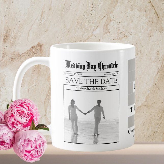 Custom Unique Minimalist Newspaper Save the Date Coffee Mug (Unique Minimalist 1 Black and White Photo White Newspaper Save the Date Coffee Mug)
