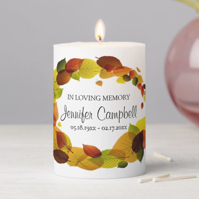 Custom Unique Personalized Autumn Leaves Memorial Pillar Candle (In Situ)