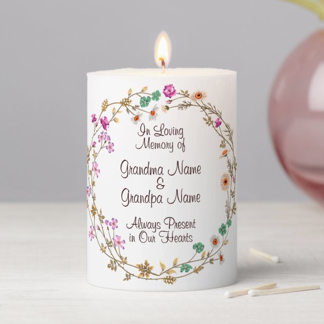 Custom Unique Personalized Classic Floral Memorial Pillar Candle (In Situ)