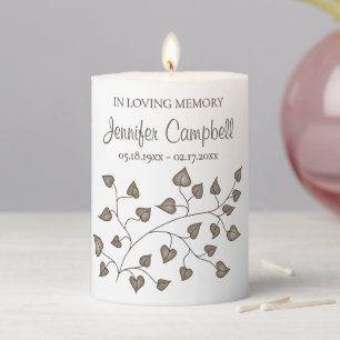 Custom Unique Personalized Hearts Leaves Memorial Pillar Candle