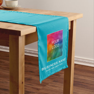 Custom Upload Business Logo Solid Color Azure Blue Medium Table Runner