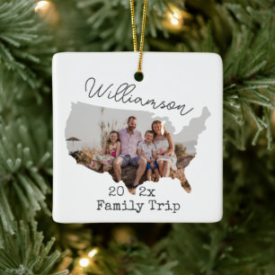 Custom USA Map Outline Vacation Family Photo Ceramic Ornament