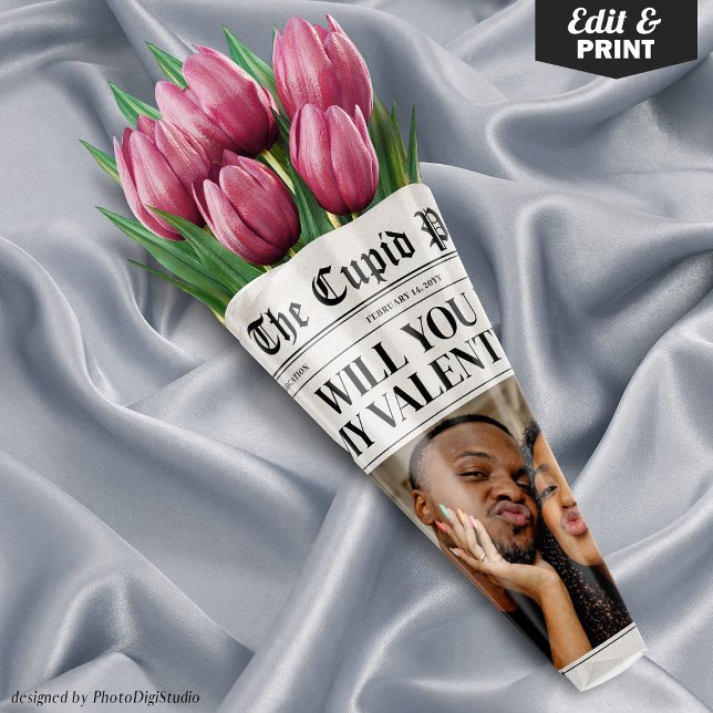 Custom Valentine Newspaper Flower Bouquet Gift  Wrapping Paper Sheets (Valentines Day Newspaper Template, Flower Bouquet Wrap, Will You Be My Valentine Gift )