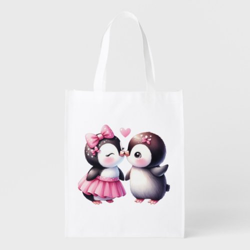 Custom Valentine Penguin Pair Gift  Reusable Grocery Bag
