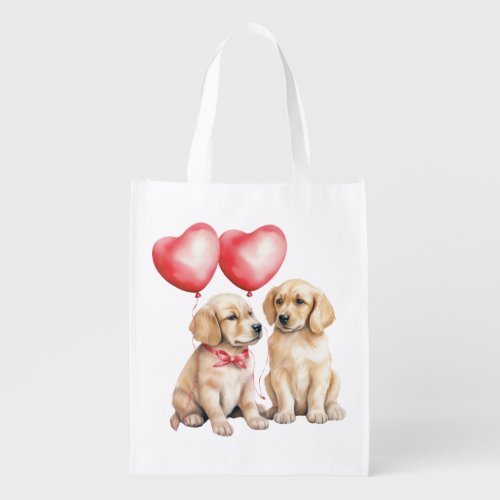 Custom Valentine Puppy Pair Gift  Reusable  Grocery Bag