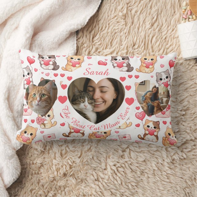 Custom Valentine’s "Best Cat Mom Ever" Photo  Lumbar Pillow (Blanket)