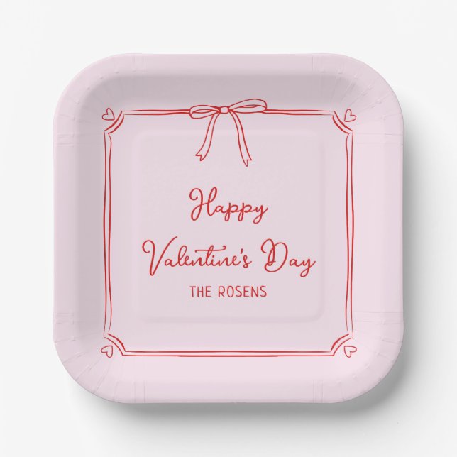 Custom Valentine's Day Party Blush Pink Bow Hearts Paper Plates (Front)