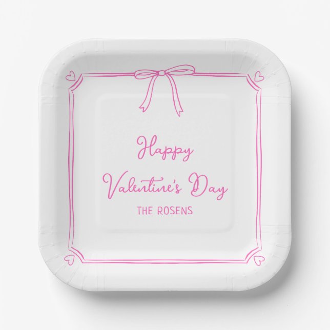 Custom Valentine's Day Party Cute Pink Bow Hearts Paper Plates (Front)