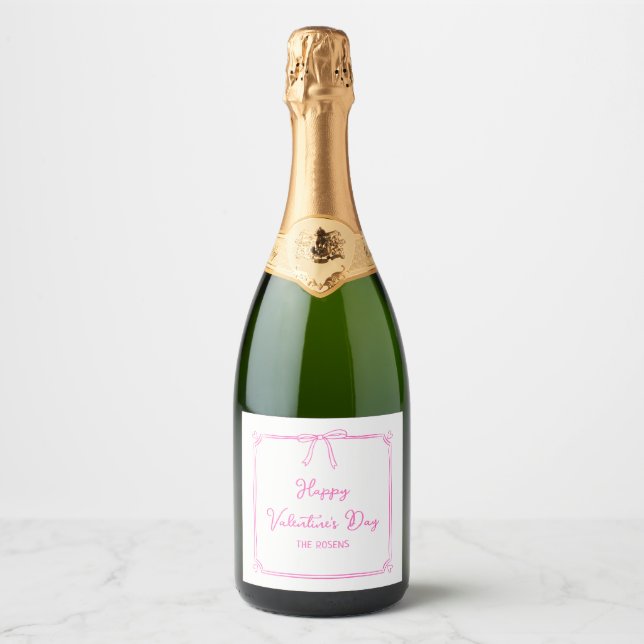 Custom Valentine's Day Party Cute Pink Bow Hearts Sparkling Wine Label (Front)