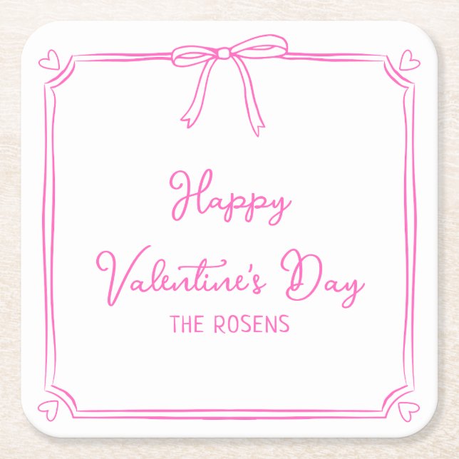 Custom Valentine's Day Party Cute Pink Bow Hearts Square Paper Coaster (Front)