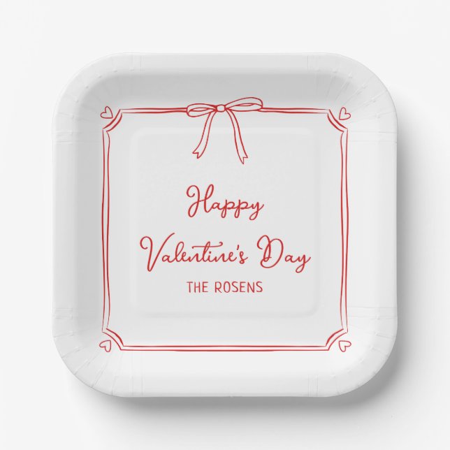 Custom Valentine's Day Party Cute Red Bow Hearts Paper Plates (Front)