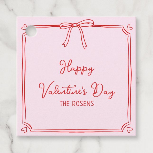 Custom Valentine's Day Party Pink & Red Bow Hearts Favor Tags (Front)