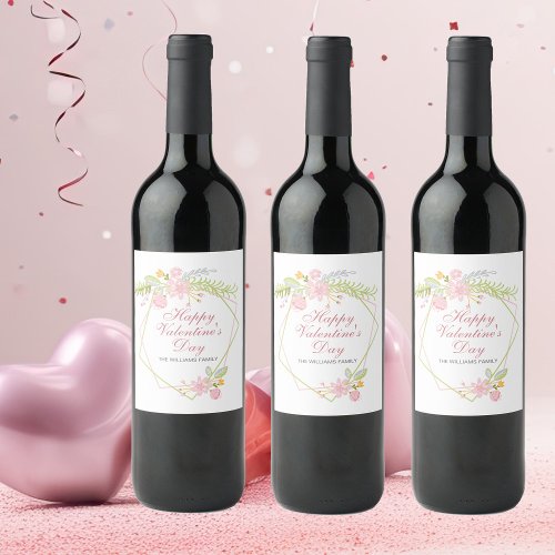 Custom Valentines Day Pretty Pink Floral Party Wine Label