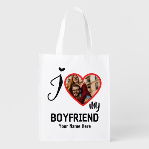Custom Valentines Heart Photo I Love My Boyfriend Grocery Bag