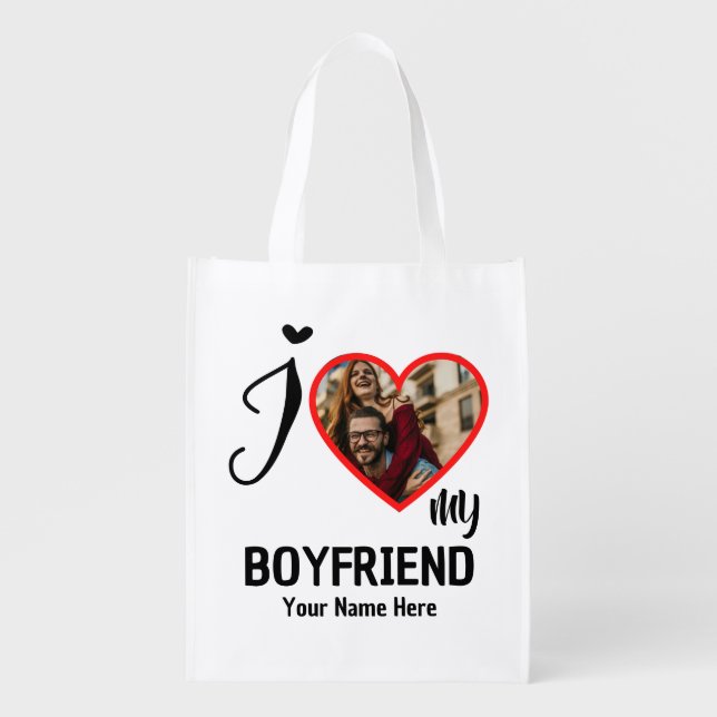 Custom Valentines Heart Photo I Love My Boyfriend Grocery Bag (Front)