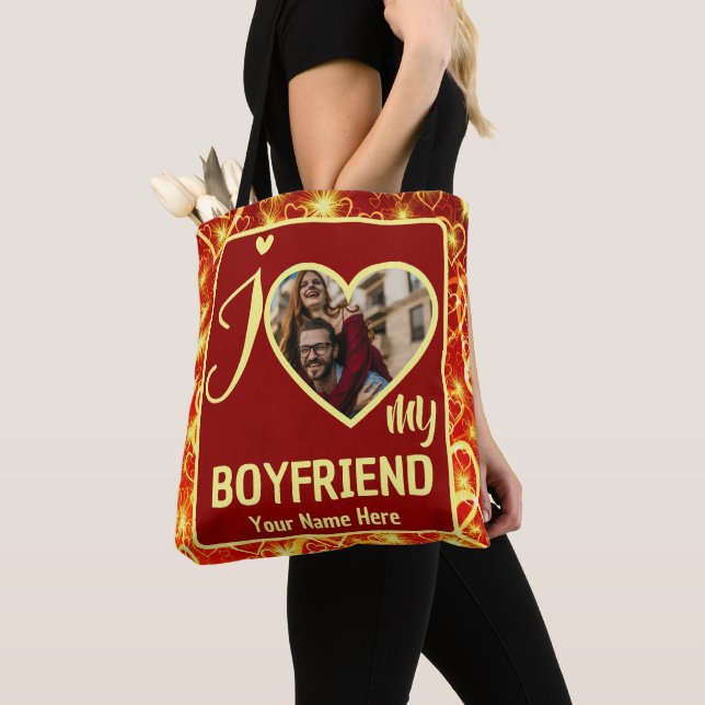 Custom Valentines Heart Photo I Love My Boyfriend Tote Bag (Close Up)