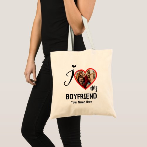 Custom Valentines Heart Photo I Love My Boyfriend Tote Bag