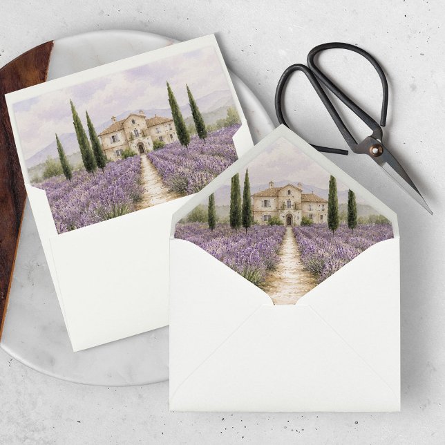 Custom Venue Artwork Lavender Envelope Liners  (Watercolor venue envelope liners for wedding designed with lavender and villa art)